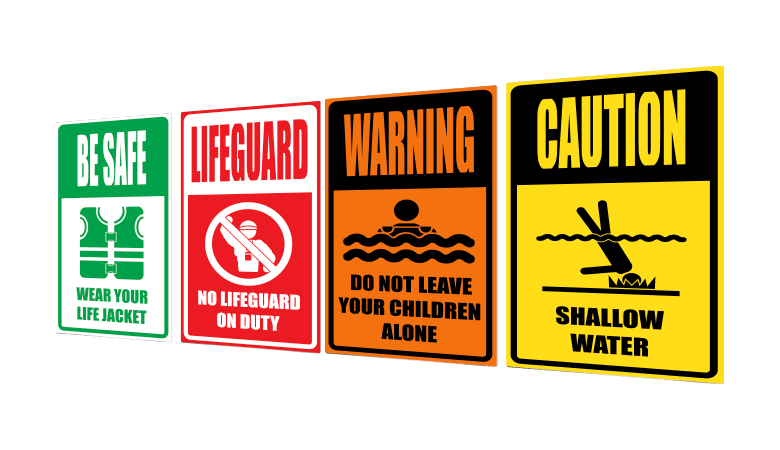 Aluminum signs custom printed, be safe sign, lifeguard on duty, warning sign and shallow water sign
