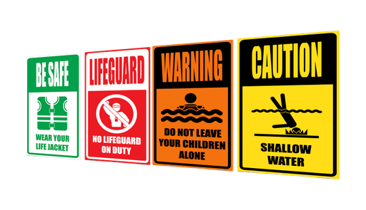 Aluminum signs custom printed, be safe sign, lifeguard on duty, warning sign and shallow water sign