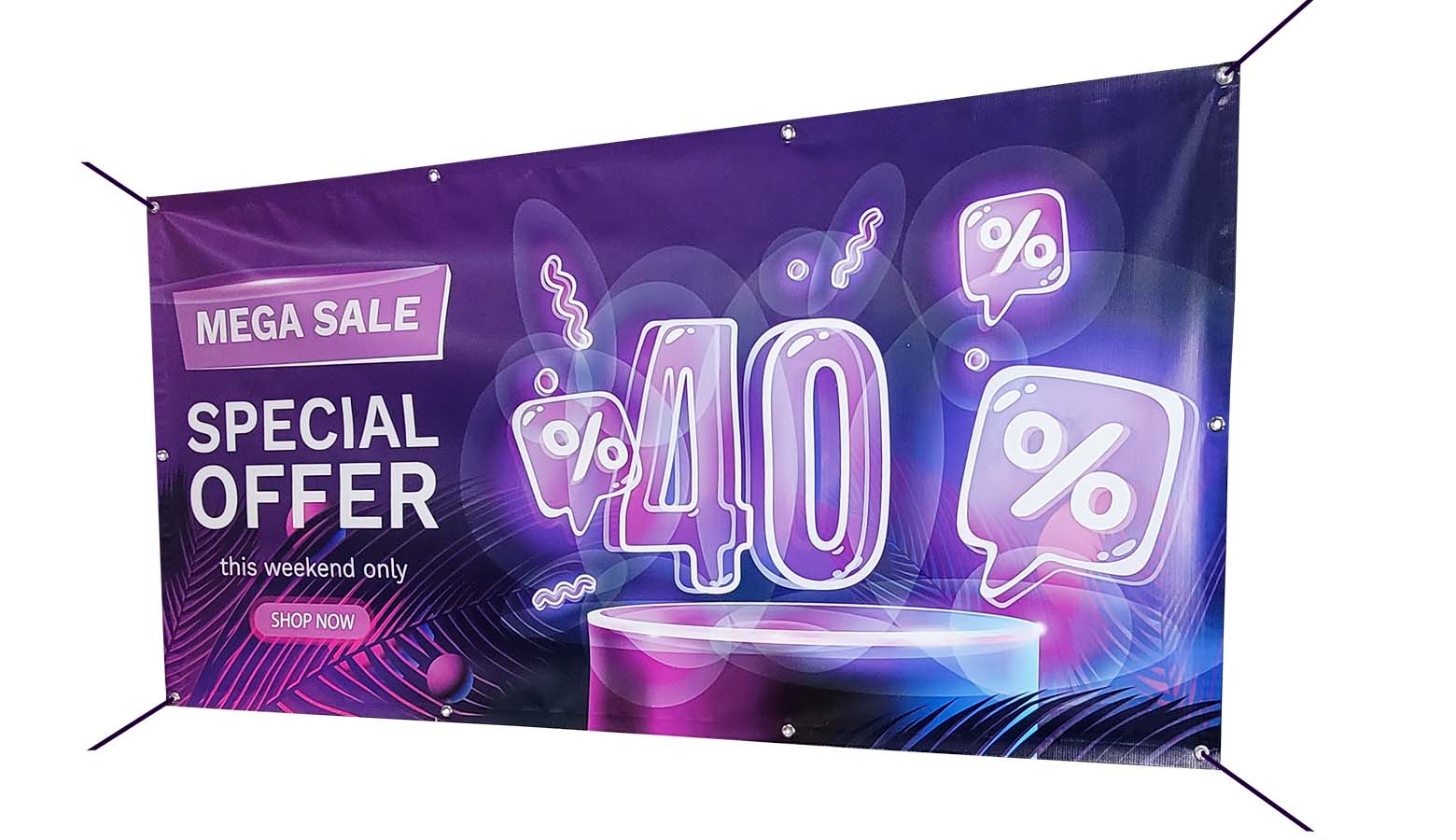 mega sale special offer 40% off this weekend only shop now vinyl banner with a dark purple background gradients and highlighting white accents displayed from ropes on each corner