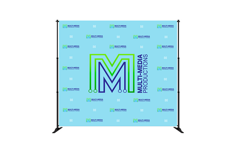 Multi media productions step and repeat banner with frame hardware