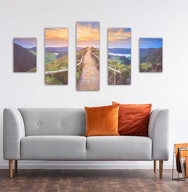 split canvas wall art with grey couch