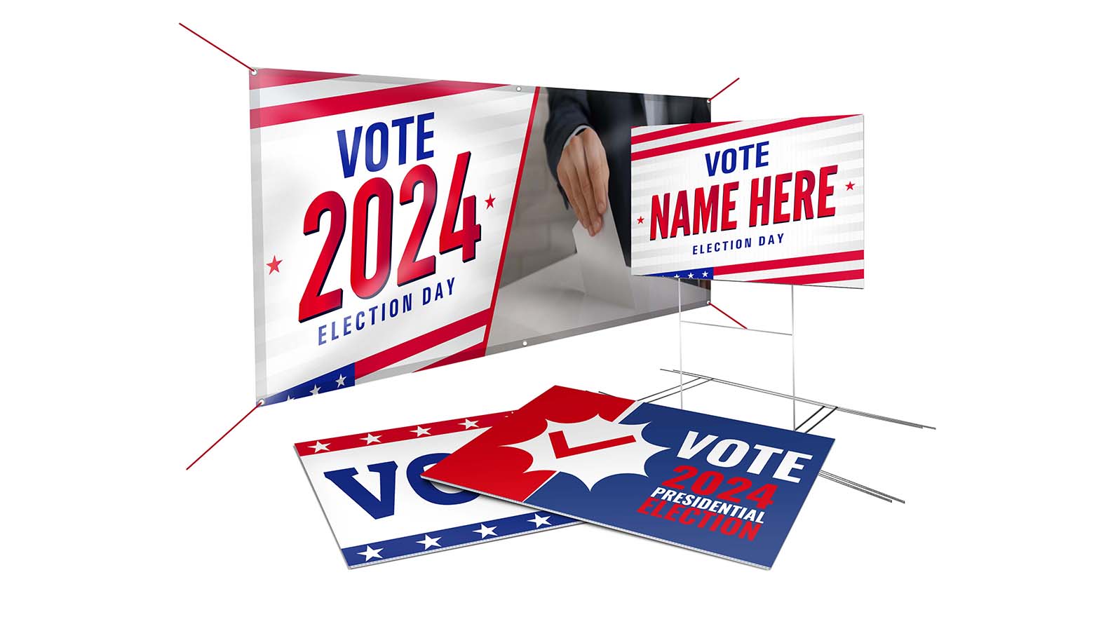 vote 2024 banner and yard signs with h frame stakes